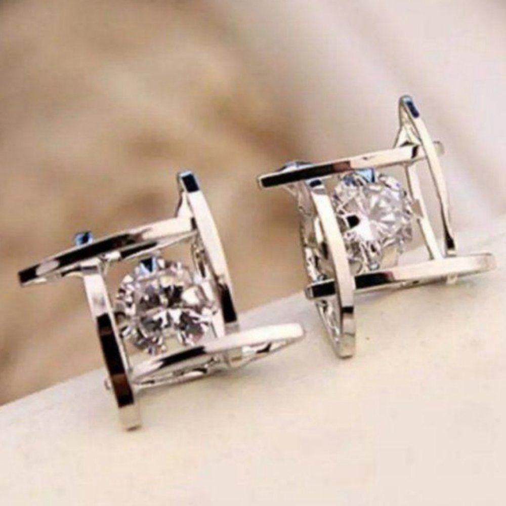 NEW Silver Solitaire Diamond 3D Caged Studs - Picture 3 of 9